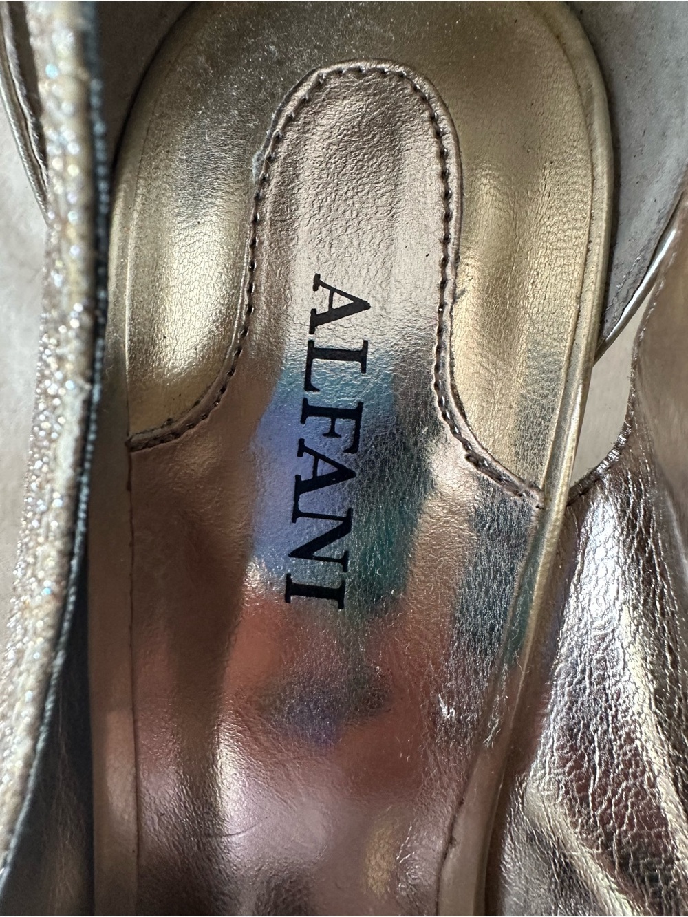 Alfani Fairtax Champagne Gold Bronze Glitter Peep Toe Heels Size 8M - Picture 7 of 10